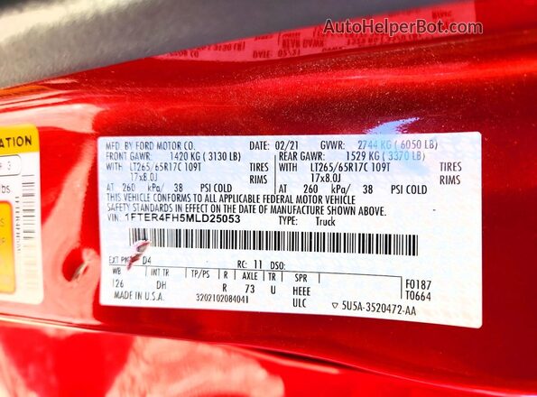 1FTER4FH5MLD25053 2021 FORD RANG Red Շարժիչի բաժամունքի տեսք