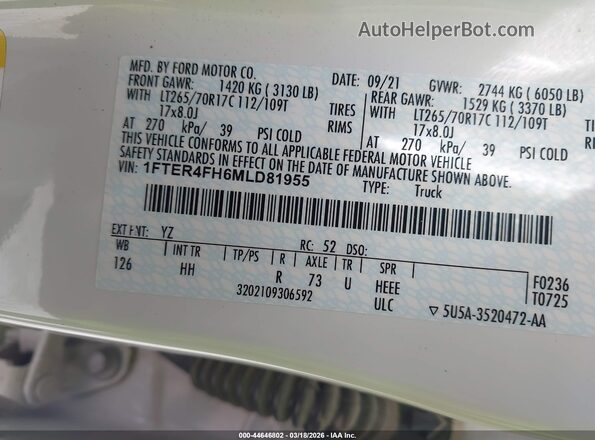1FTER4FH6MLD81955 2021 FORD RANG Белый Вид подкапотного пространства