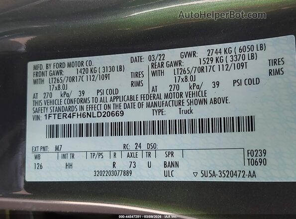 1FTER4FH6NLD20669 2022 FORD RANG Gray 
