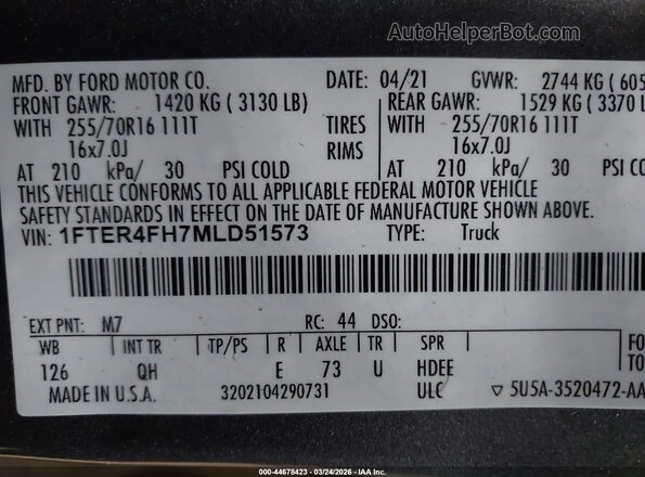 1FTER4FH7MLD51573 2021 FORD RANG Gray Շարժիչի բաժամունքի տեսք