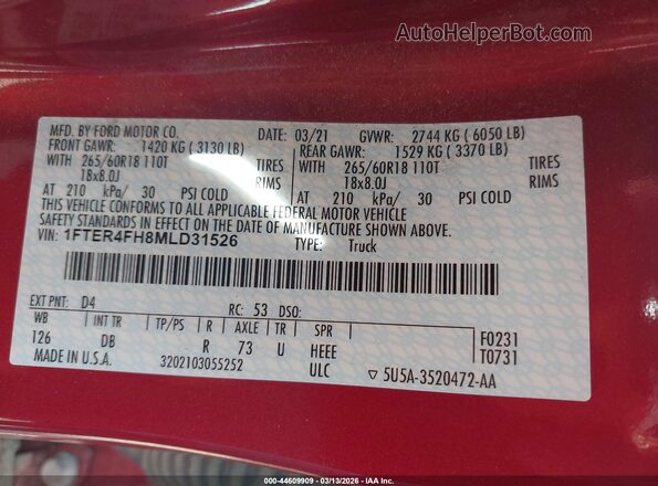 1FTER4FH8MLD31526 2021 FORD RANG Red Շարժիչի բաժամունքի տեսք