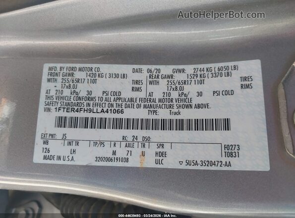 1FTER4FH9LLA41066 2020 FORD RANG Серебряный Вид подкапотного пространства