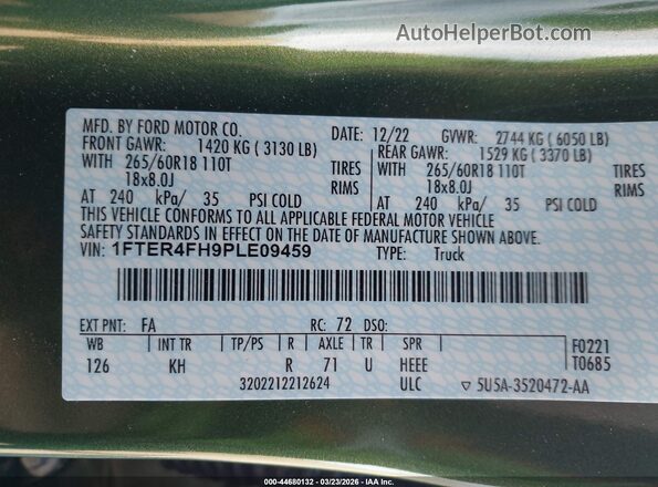 1FTER4FH9PLE09459 2023 FORD RANG Green Вид підкапотного простору
