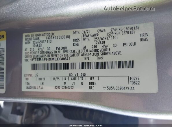 1FTER4FHXMLD38641 2021 FORD RANG Silver ძრავის განყოფილების ხედი