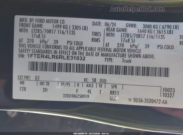 1FTER4LR6RLE31032 2024 FORD RANG Black ძრავის განყოფილების ხედი
