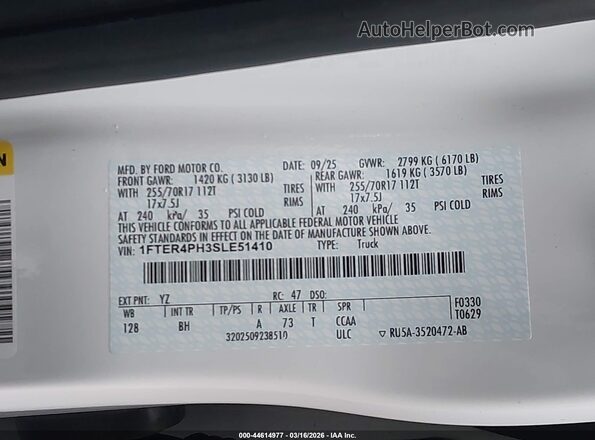 1FTER4PH3SLE51410 2025 FORD RANG White ძრავის განყოფილების ხედი