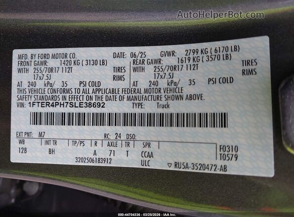 1FTER4PH7SLE38692 2025 FORD RANG Gray Vista del compartimento del motor