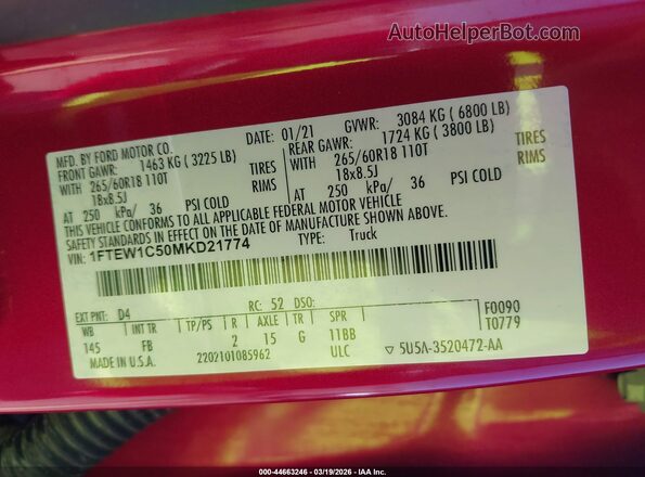1FTEW1C50MKD21774 2021 FORD F150 Red Engine compartment view