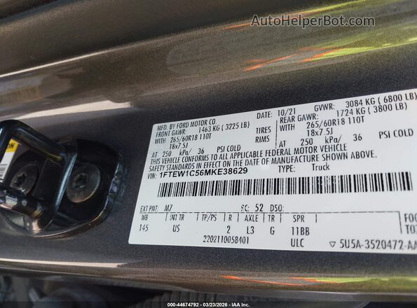 1FTEW1C56MKE38629 2021 FORD F150 Brown Vista del compartimento del motor