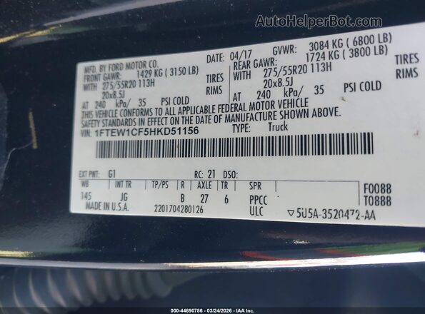 1FTEW1CF5HKD51156 2017 FORD F150 Black Շարժիչի բաժամունքի տեսք