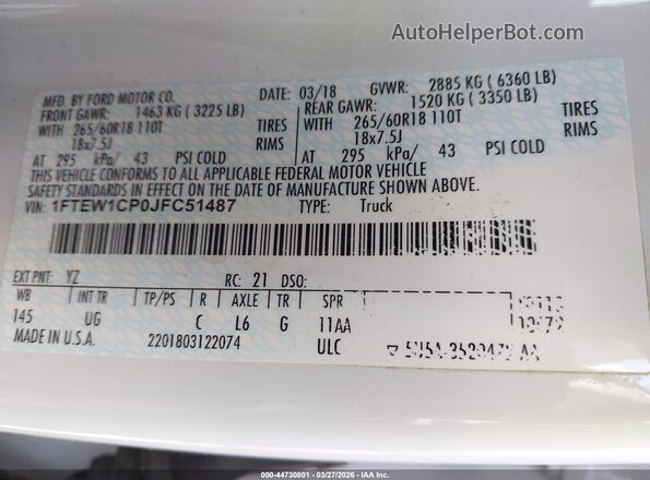 1FTEW1CP0JFC51487 2018 FORD F150 Белый Вид подкапотного пространства