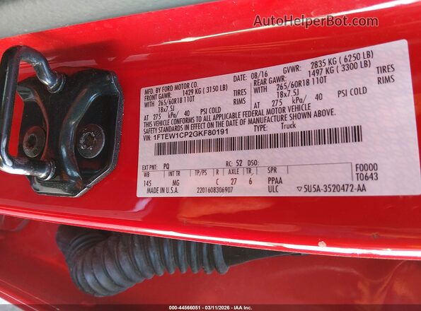 1FTEW1CP2GKF80191 2016 FORD F150 Red Engine compartment view