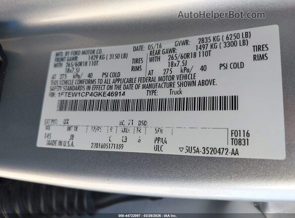 1FTEW1CP4GKE46914 2016 FORD F150 Silver ძრავის განყოფილების ხედი