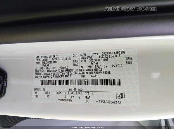 1FTEW1CP4MKF11935 2021 FORD F150 White Շարժիչի բաժամունքի տեսք