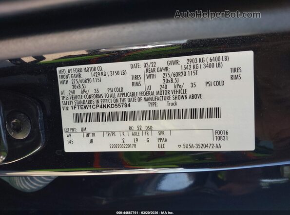 1FTEW1CP4NKD55784 2022 FORD F150 Black Widok komory silnika