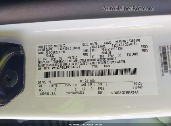 1FTEW1CP6LFC64327 2020 FORD F150 White Շարժիչի բաժամունքի տեսք