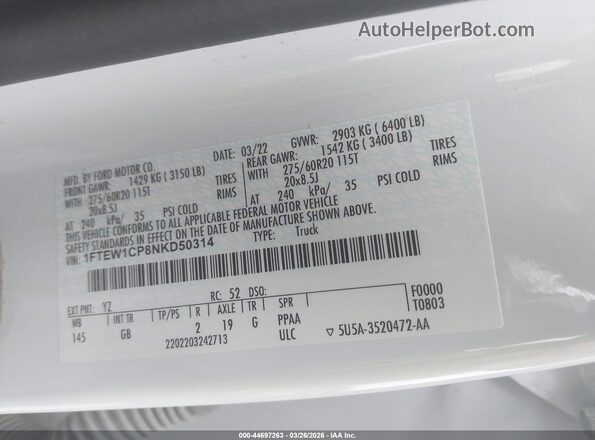 1FTEW1CP8NKD50314 2022 FORD F150 White 