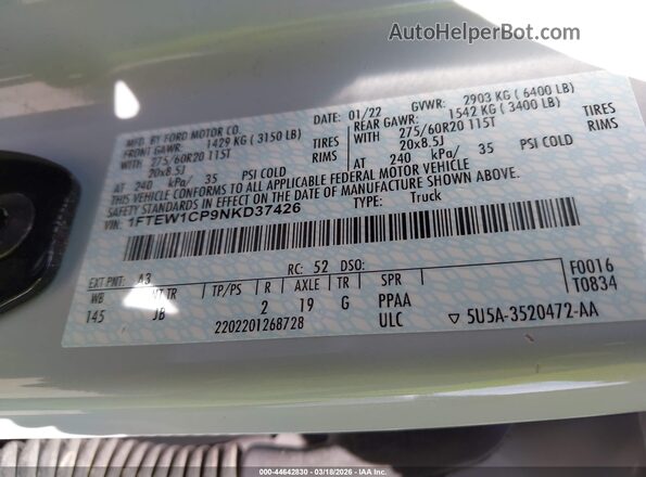 1FTEW1CP9NKD37426 2022 FORD F150 White Engine compartment view