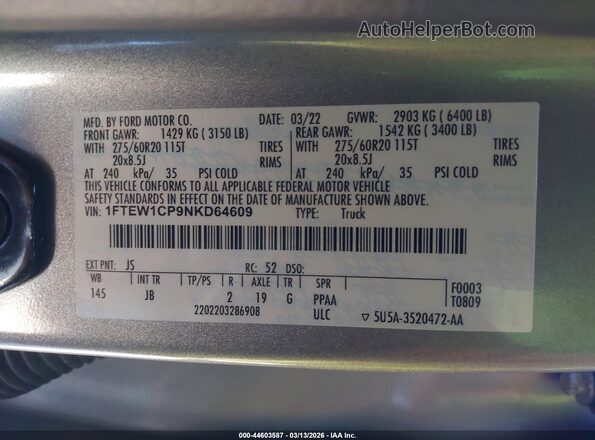 1FTEW1CP9NKD64609 2022 FORD F150 Silver Շարժիչի բաժամունքի տեսք