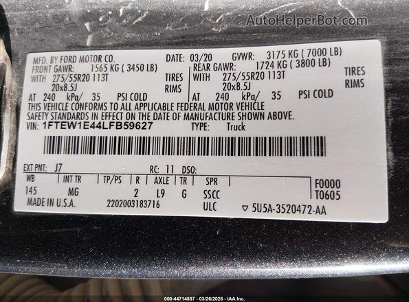 1FTEW1E44LFB59627 2020 FORD F150 Gray 