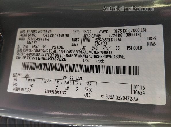 1FTEW1E45LKD37228 2020 FORD F150 Gray Շարժիչի բաժամունքի տեսք