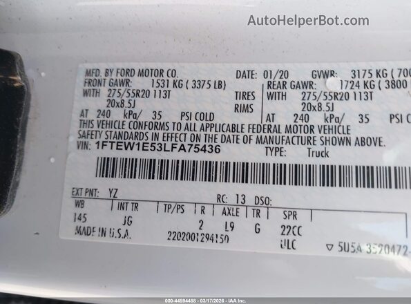 1FTEW1E53LFA75436 2020 FORD F150 White ძრავის განყოფილების ხედი