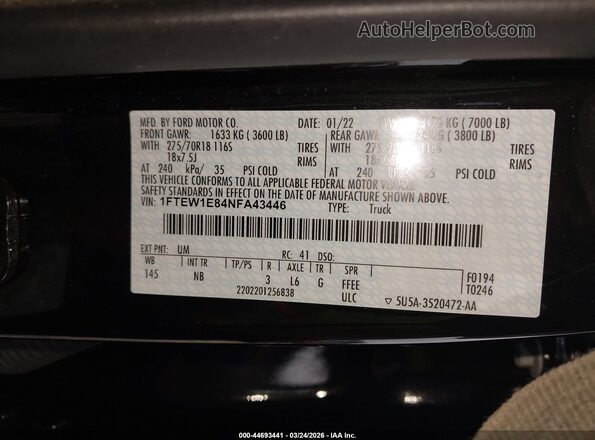 1FTEW1E84NFA43446 2022 FORD F150 Black 