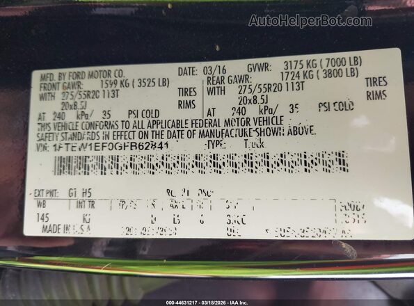 1FTEW1EF0GFB62841 2016 FORD F150 Black Շարժիչի բաժամունքի տեսք