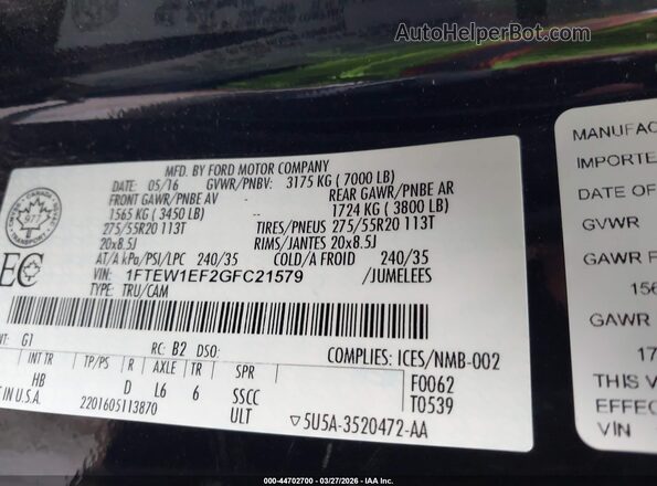 1FTEW1EF2GFC21579 2016 FORD F150 Black Շարժիչի բաժամունքի տեսք