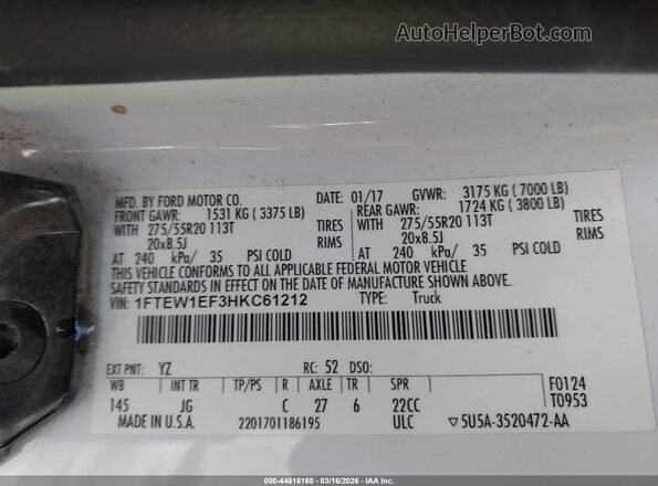 1FTEW1EF3HKC61212 2017 FORD F150 White 