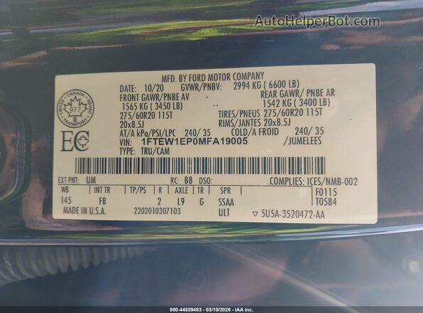 1FTEW1EP0MFA19005 2021 FORD F150 Черный Вид подкапотного пространства