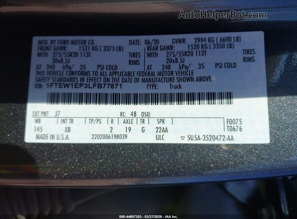 1FTEW1EP3LFB77871 2020 FORD F150 Gray Engine compartment view