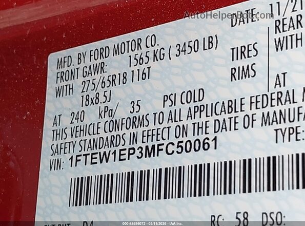 1FTEW1EP3MFC50061 2021 FORD F150 Red Widok komory silnika