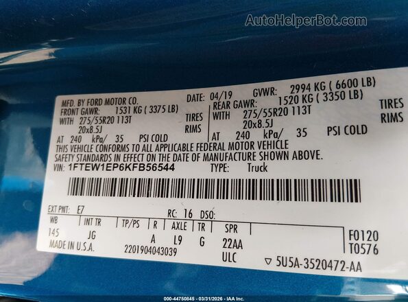1FTEW1EP6KFB56544 2019 FORD F150 Blue Widok komory silnika