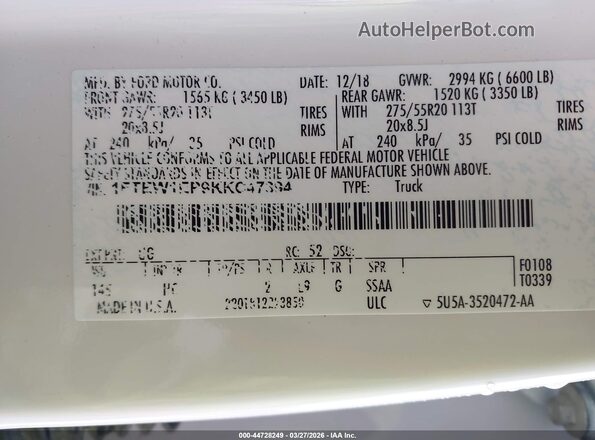 1FTEW1EP9KKC47394 2019 FORD F150 White Vista del compartimento del motor