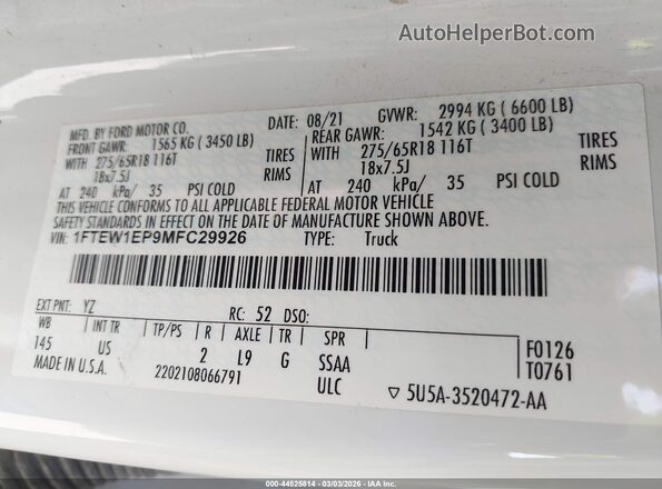 1FTEW1EP9MFC29926 2021 FORD F150 Белый Вид подкапотного пространства
