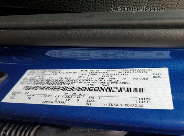 1FTEW1EPXNKD93775 2022 FORD F150 Синий Вид наклейки с VIN-кодом