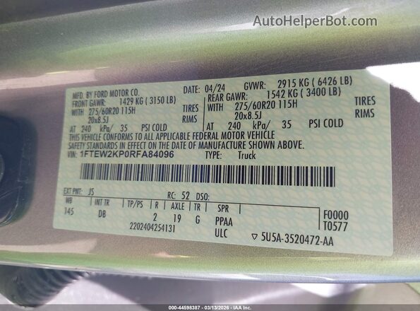 1FTEW2KP0RFA84096 2024 FORD F150 Silver Շարժիչի բաժամունքի տեսք