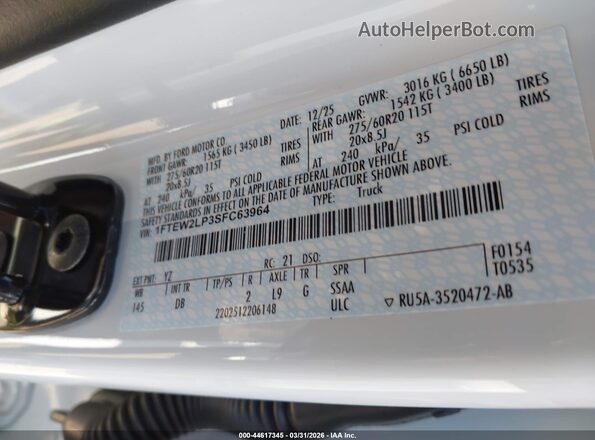 1FTEW2LP3SFC63964 2025 FORD F150 White Շարժիչի բաժամունքի տեսք