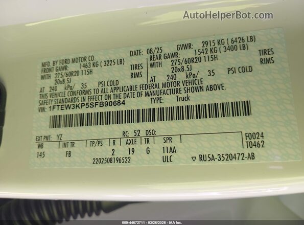 1FTEW3KP5SFB90684 2025 FORD F150 White Вид підкапотного простору