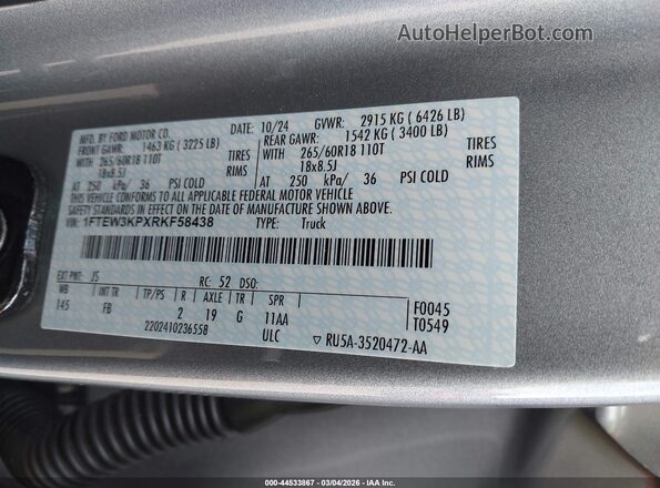1FTEW3KPXRKF58438 2024 FORD F150 Gray 