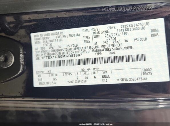 1FTEX1CB0MKD83887 2021 FORD F150 Blue Vista del compartimento del motor