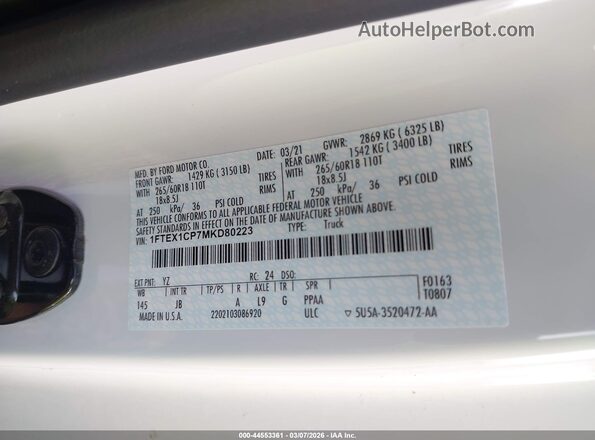 1FTEX1CP7MKD80223 2021 FORD F150 White Engine compartment view