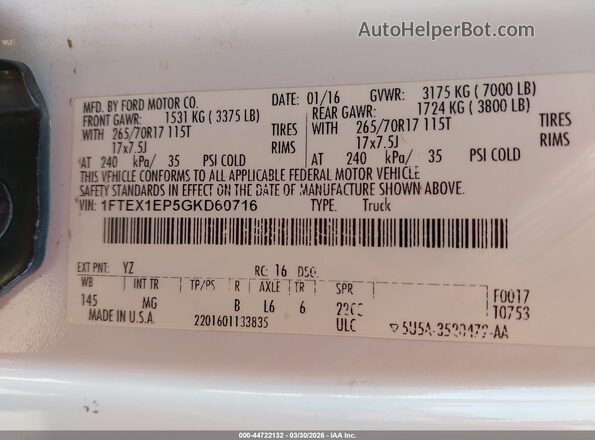 1FTEX1EP5GKD60716 2016 FORD F150 White Շարժիչի բաժամունքի տեսք
