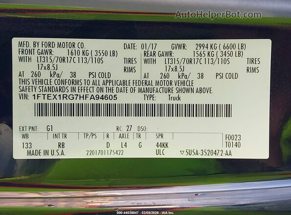 1FTEX1RG7HFA94605 2017 FORD F150 Black Вид підкапотного простору