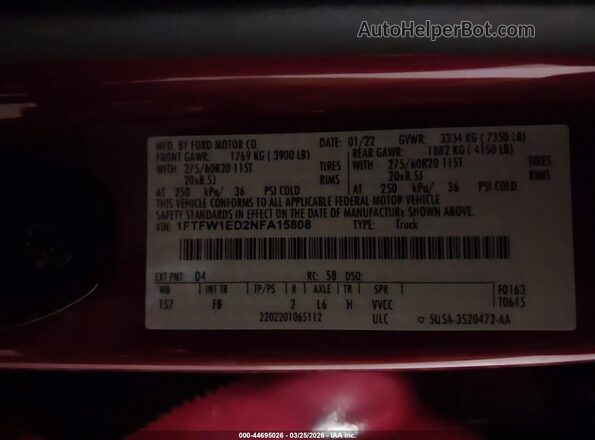 1FTFW1ED2NFA15808 2022 FORD F150 Maroon 