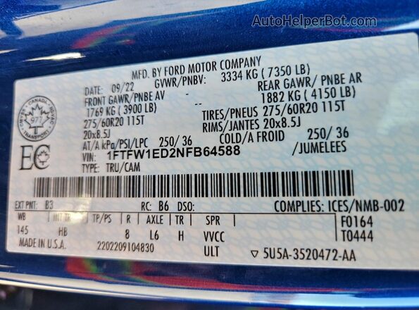 1FTFW1ED2NFB64588 2022 FORD F150 Blue Vista del compartimento del motor