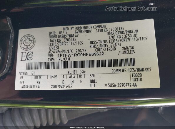 1FTFW1RG0HFB69622 2017 FORD F150 Black ძრავის განყოფილების ხედი