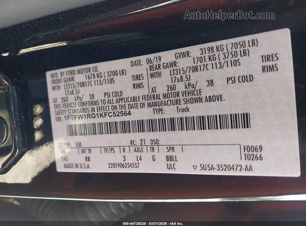 1FTFW1RG1KFC52564 2019 FORD F150 Black 