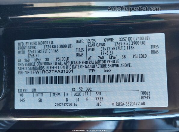 1FTFW1RG2TFA01201 2026 FORD F150 Black Vista del compartimento del motor